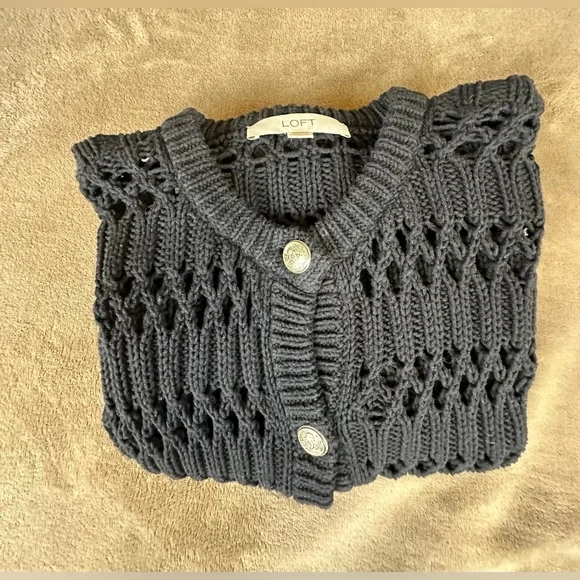 LOFT Women’s XS Black Open Stitch Knit Cardigan Button Front Sweater Crew Neck - Picture 12 of 12